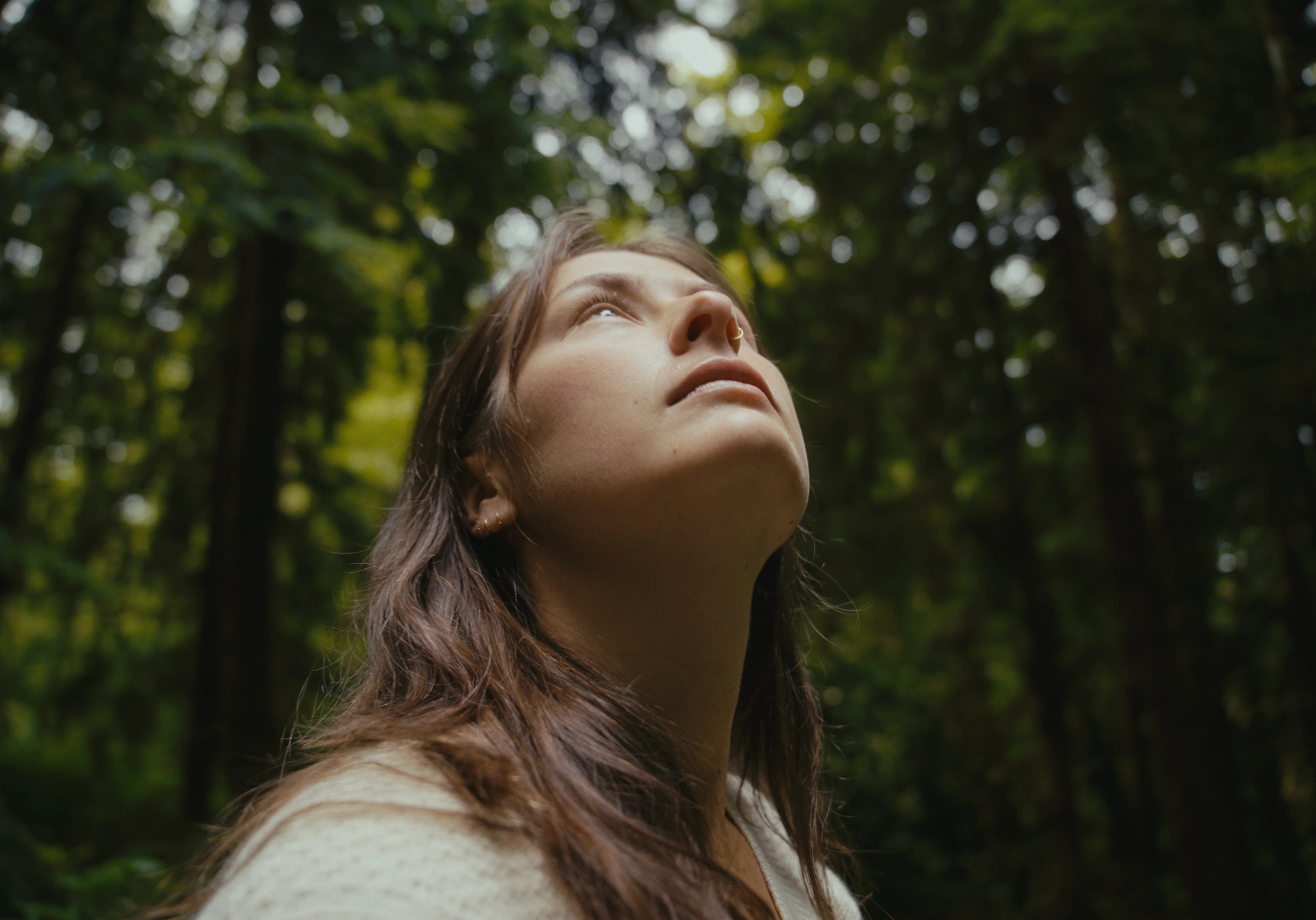 A woman looking upward beneath a tree canopy.