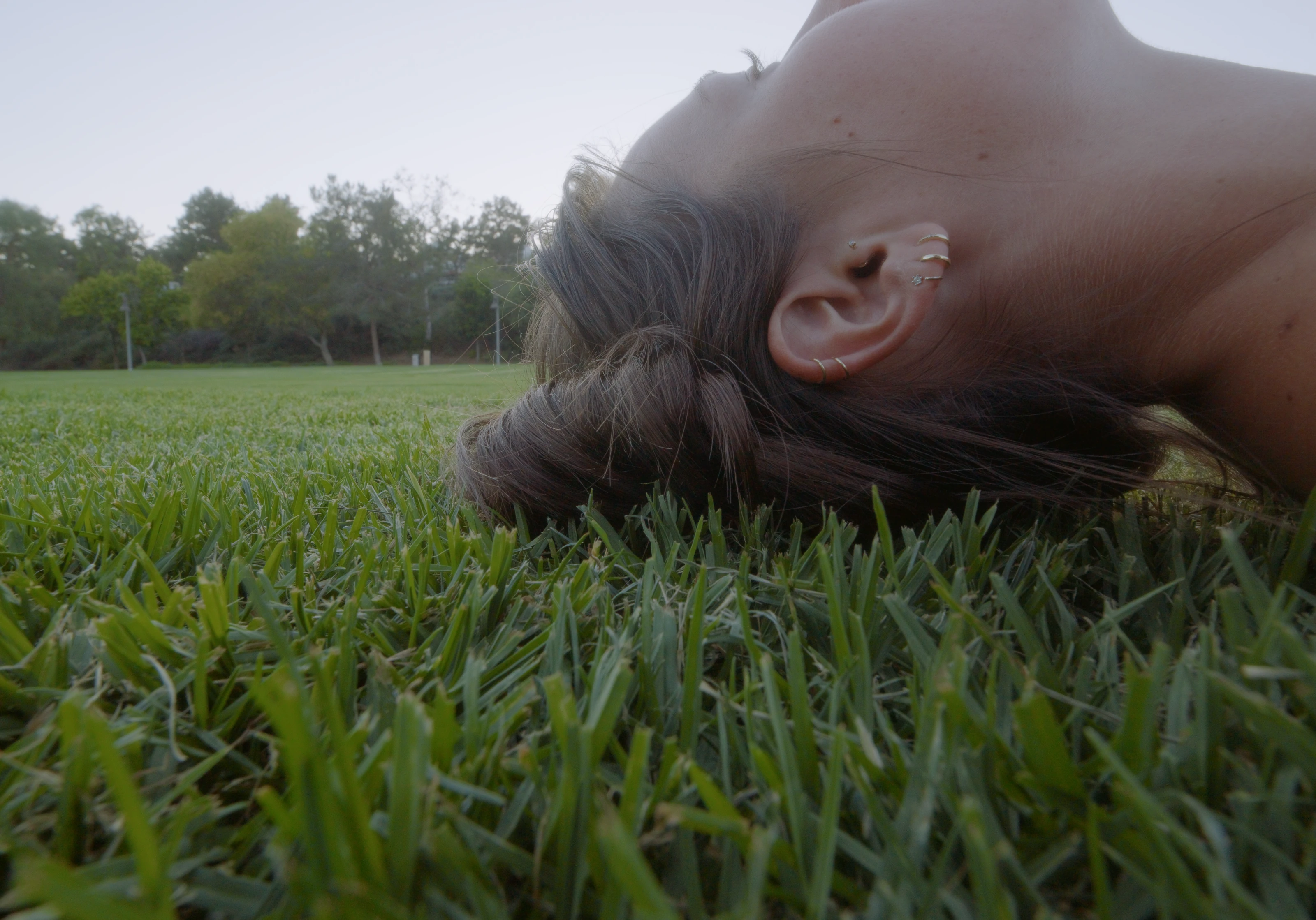 A close profile of a woman resting in grass.