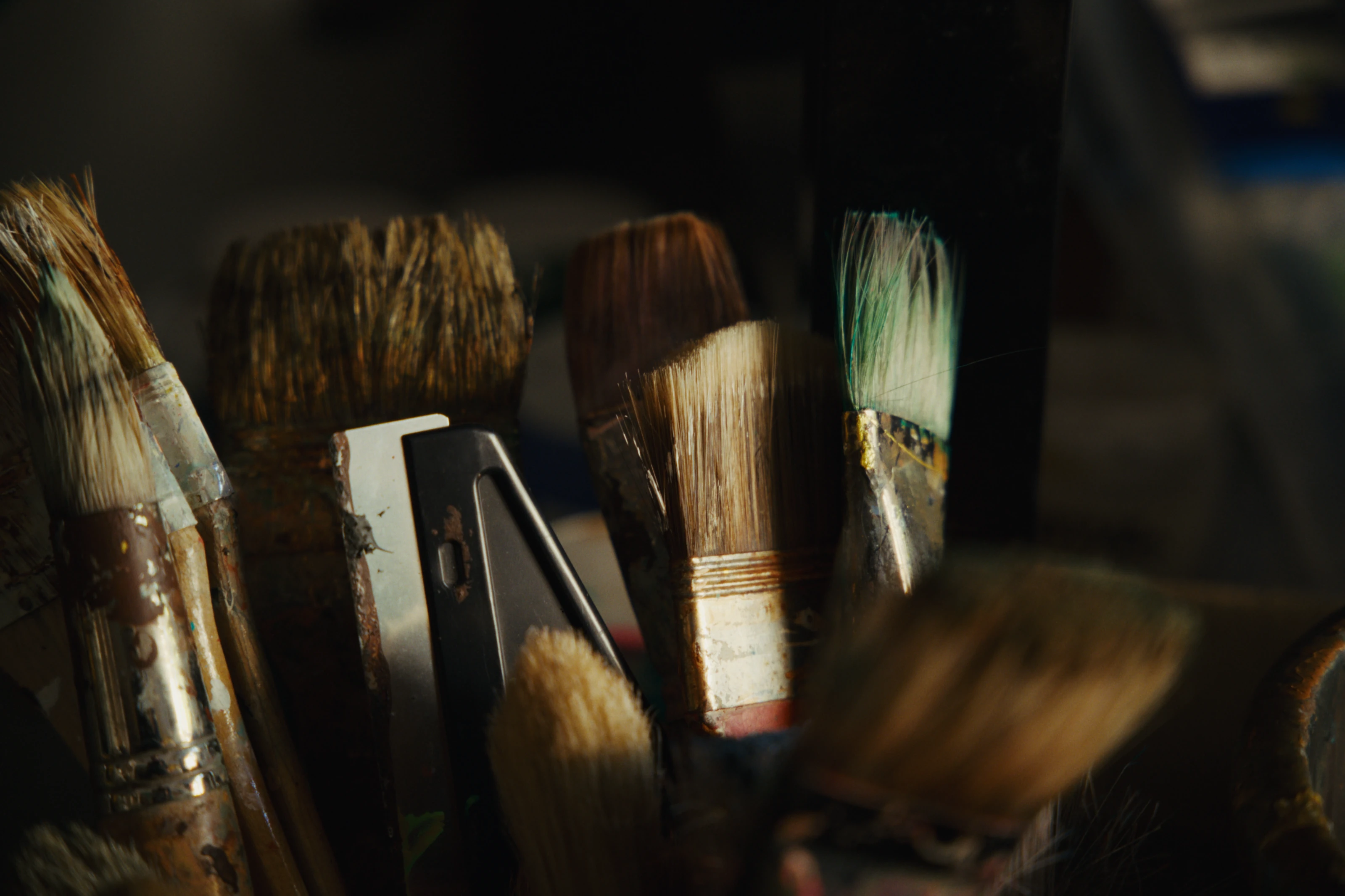 Paintbrushes arranged in the artist’s studio.